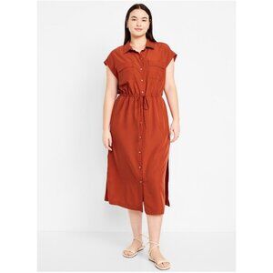 Old Navy Womens M Waist-Defined Midi Shirt Dress Burnt Orange Chic Leisure Work